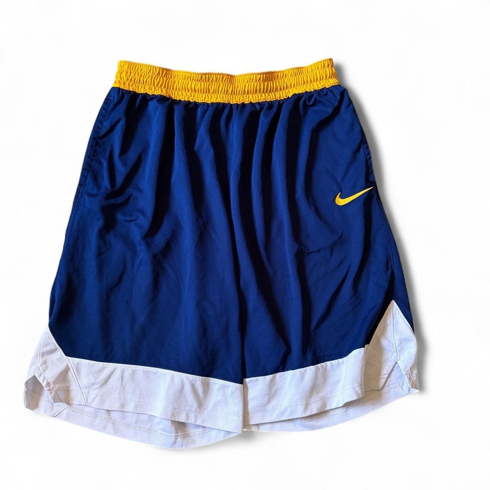 Nike Dri-Fit blue shorts with white and yellow trim, size XL